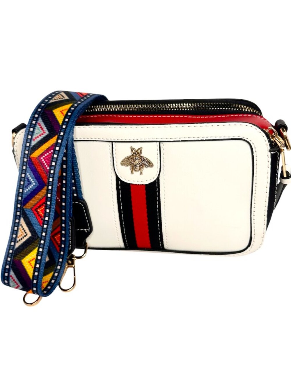 Bee Accent Colorblock Camera Crossbody Bag White Red Black With Guitar Strap